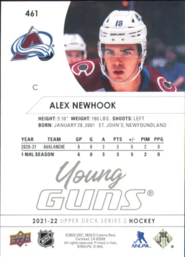 Alex Newhook Young Guns Rookie hockey card from 2021-22 Upper Deck, Colorado Avalanche