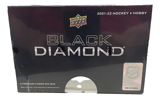 Box of 2021-22 Upper Deck Black Diamond Hockey Cards featuring diamond relic and memorabilia cards