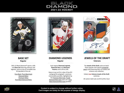 Marketing preview of three Black Diamond hockey cards featuring diamond relic designs