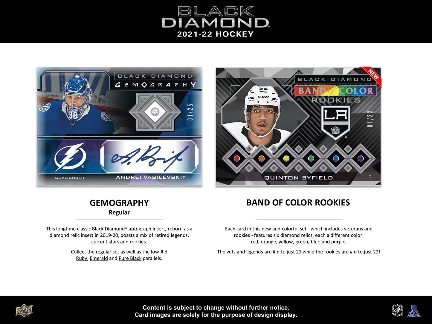 Preview of two Black Diamond 2021-22 Hockey cards featuring autographs and diamond relics