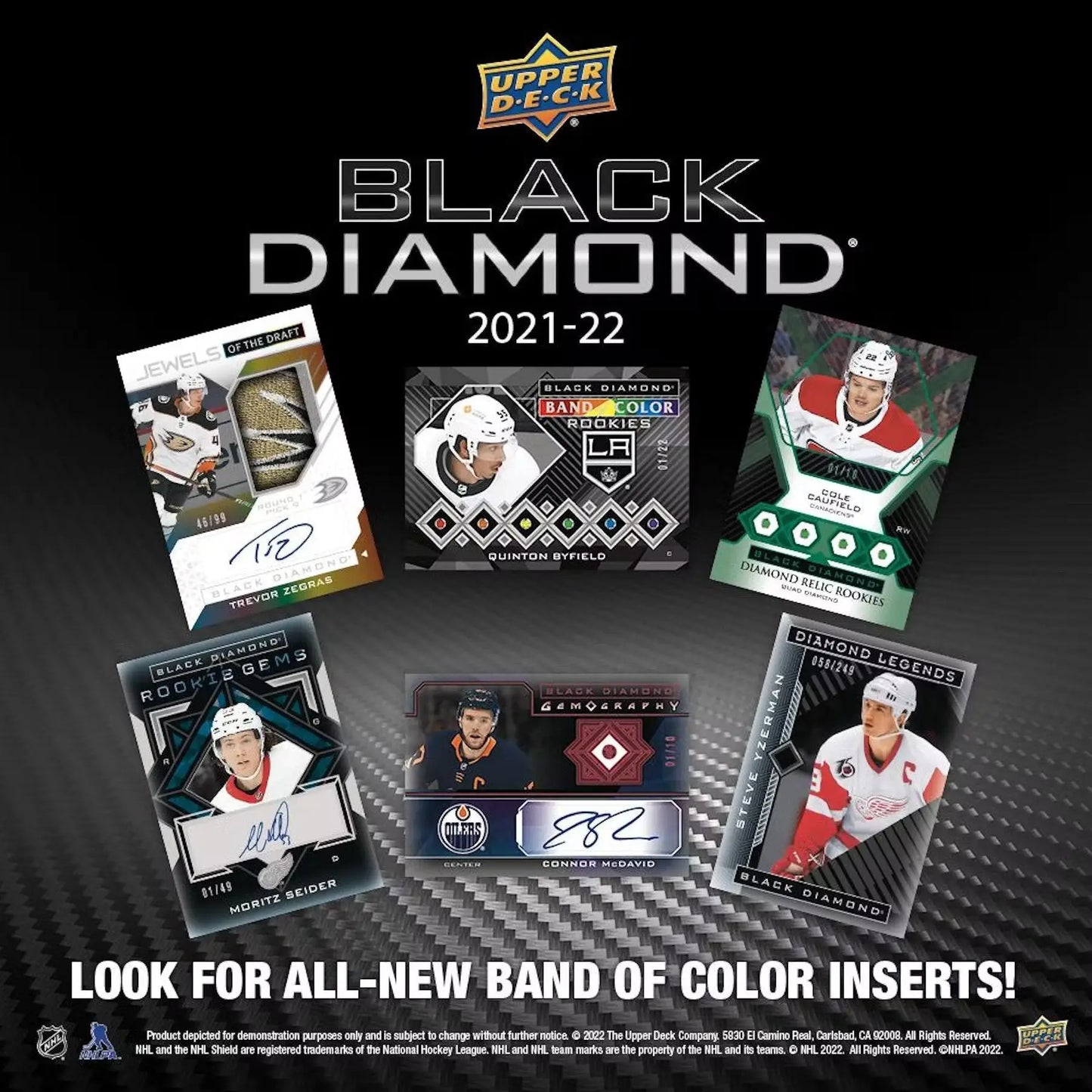 Advertisement for 2021-22 Upper Deck Black Diamond Hockey Cards featuring Diamond Relic autographs