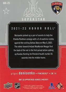 Back of 2021-22 Upper Deck Honor Roll #HR70 Grigori Denisenko Florida Panthers card