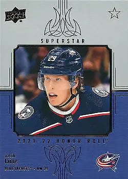 Hockey trading card of Patrik Laine in Columbus Blue Jackets jersey from Upper Deck Honor Roll