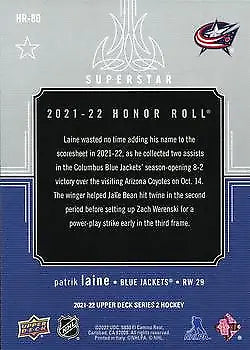 Hockey card back of 2021-22 Upper Deck Honor Roll Patrik Laine Columbus Blue Jackets