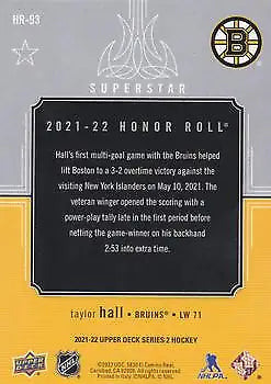 Taylor Hall 2021-22 Upper Deck Honor Roll HR93 Boston Bruins hockey card for collectors