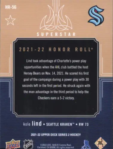 Hockey card back of 2021-22 Upper Deck Honor Roll Rainbow Kole Lind Seattle Kraken