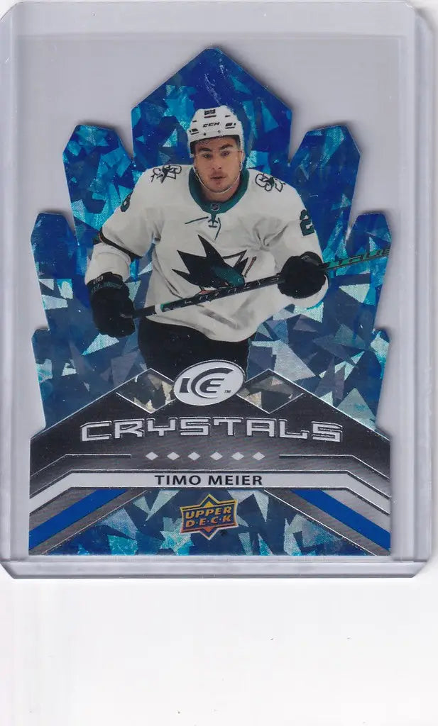 Hockey trading card of Timo Meier San Jose Sharks on a blue crystal background