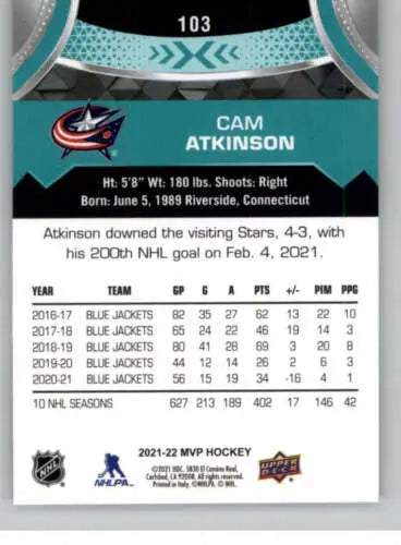 Cam Atkinson hockey card 2021-22 Upper Deck MVP original gloss Blue Jackets collector item