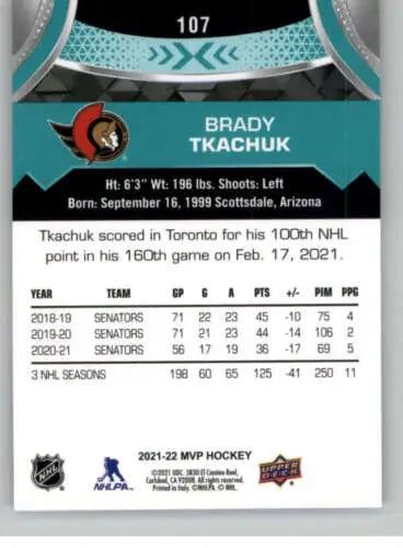 Brady Tkachuk hockey card 2021-22 Upper Deck MVP NM-MT original gloss quality