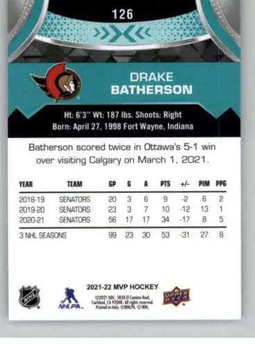 Drake Batherson hockey card from 2021-22 Upper Deck MVP with original gloss finish