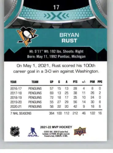 2021-22 Upper Deck MVP #17 Bryan Rust hockey card with original gloss finish