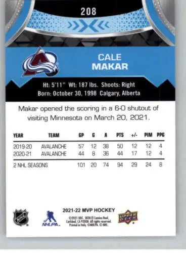 Cale Makar hockey card 2021-22 Upper Deck MVP NM-MT original gloss collectibles