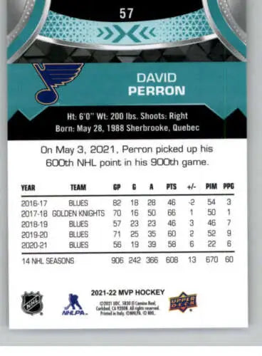 David Perron hockey card 2021-22 Upper Deck MVP original gloss NM-MT Blues ID:39355