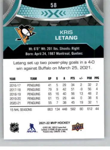 Kris Letang hockey card 2021-22 Upper Deck MVP original gloss NM-MT Penguins ID:39356