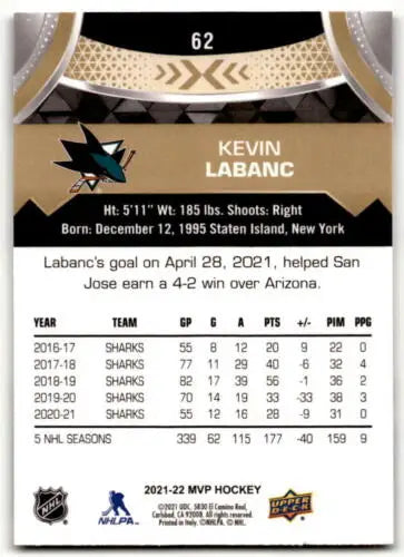 Kevin Labanc hockey card from 2021-22 Upper Deck MVP with original gloss finish