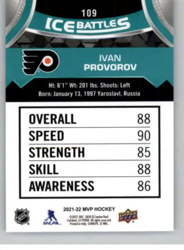 Hockey card back of 2021-22 Upper Deck MVP Ice Battles Ivan Provorov NM-MT Flyers