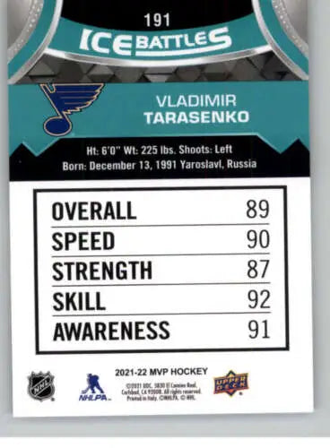 Hockey card back of 2021-22 Upper Deck MVP Ice Battles Vladimir Tarasenko NM-MT Blues