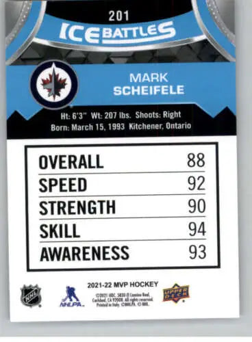 Hockey card featuring Mark Scheifele statistics from Upper Deck MVP Ice Battles original gloss