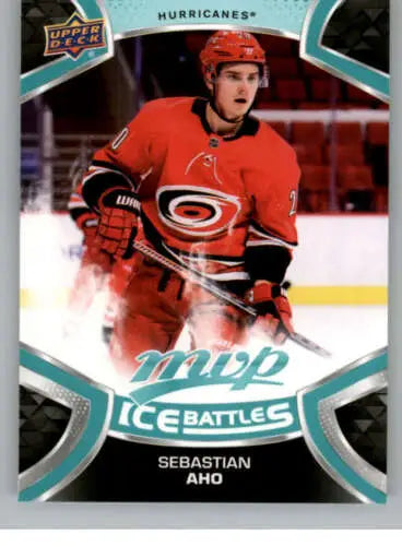 Sebastian Aho hockey card from 2021-22 Upper Deck MVP Ice Battles showcasing original gloss