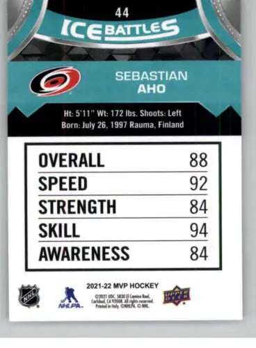 Hockey card back of 2021-22 Upper Deck MVP Ice Battles Sebastian Aho NM-MT Hurricanes