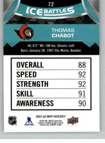 Thomas Chabot hockey card from 2021-22 Upper Deck MVP Ice Battles with original gloss