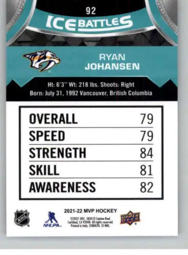 Hockey card back of 2021-22 Upper Deck MVP Ice Battles Ryan Johansen NM-MT Predators