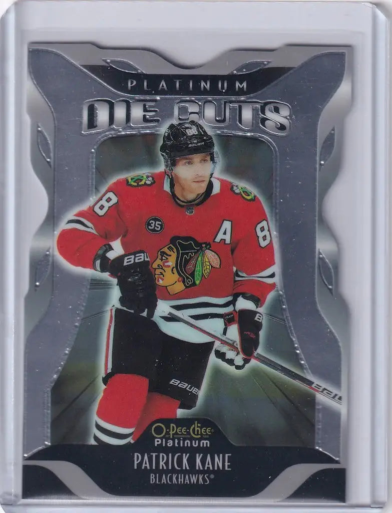 Hockey trading card of Patrick Kane in red jersey, part of Upper Deck OPC Platinum Die Cut