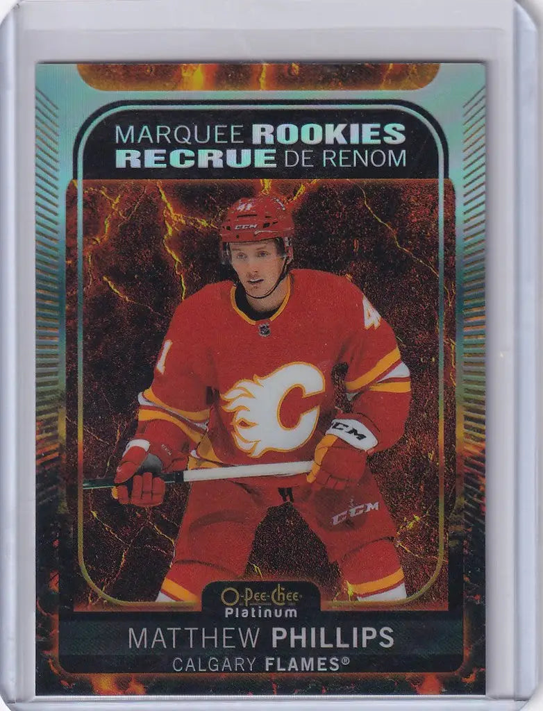 Hockey trading card of Matthew Phillips in red jersey from Upper Deck OPC Platinum Hot Magma