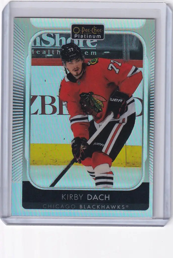 Hockey trading card of Kirby Dach in Chicago Blackhawks jersey from Upper Deck OPC Platinum Rainbow