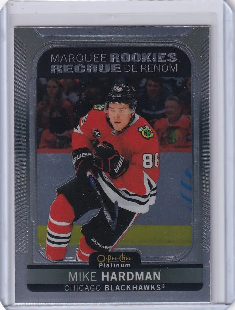 Hockey trading card of Mike Hardman in Chicago Blackhawks red jersey, Upper Deck OPC Platinum Rookie