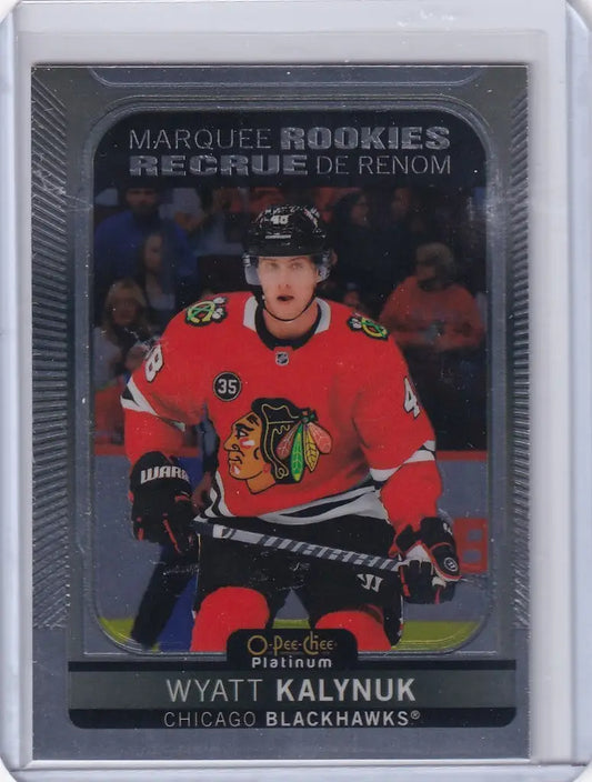 Hockey trading card of Wyatt Kalynuk in red Chicago Blackhawks jersey from Upper Deck OPC Platinum Rookie