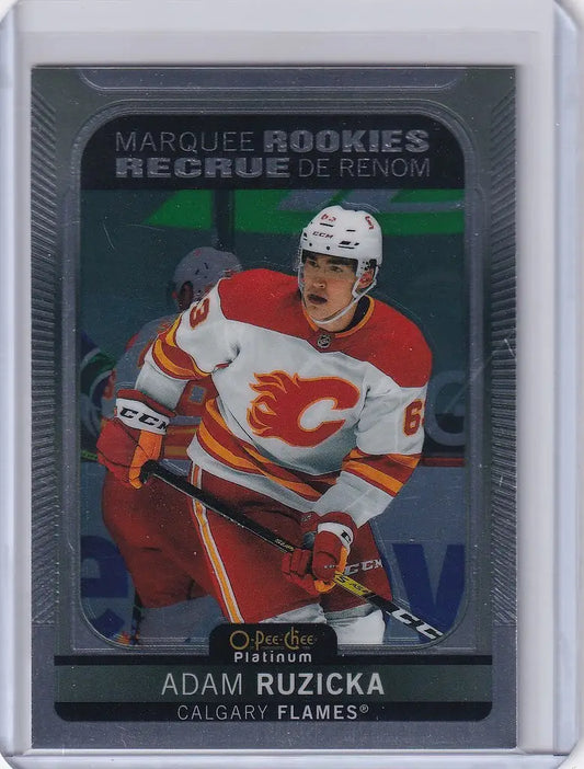 Hockey trading card of Adam Ruzicka in red jersey from Upper Deck OPC Platinum Rookie