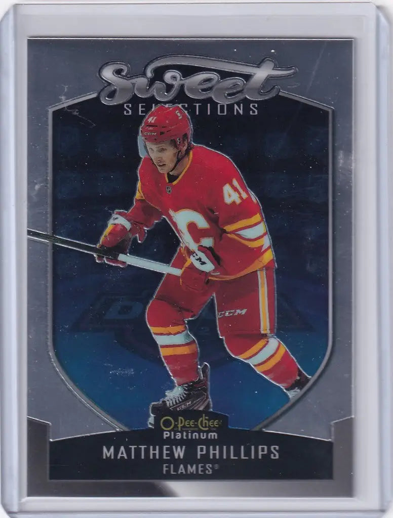 Hockey trading card of Matthew Phillips in Calgary Flames uniform from Upper Deck OPC Platinum