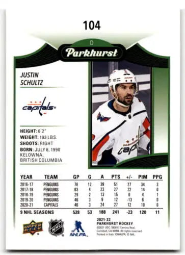 Hockey trading card of Justin Schultz in Upper Deck Parkhurst design with original gloss