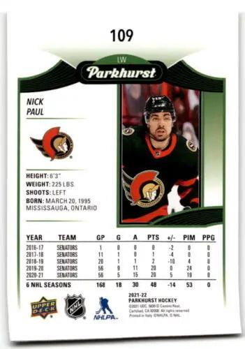 Hockey trading card of Nick Paul from Upper Deck Parkhurst, featuring original gloss