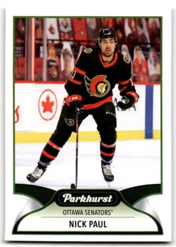 Hockey trading card of Nick Paul in black Ottawa Senators jersey, Upper Deck Parkhurst original gloss