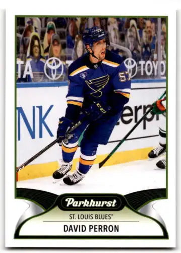 Hockey trading card of David Perron in blue jersey from Upper Deck Parkhurst