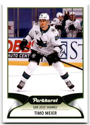 Hockey trading card of Timo Meier in white uniform, Upper Deck Parkhurst original gloss