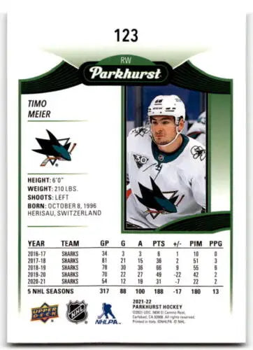 Hockey trading card of Timo Meier, San Jose Sharks, from Upper Deck Parkhurst series