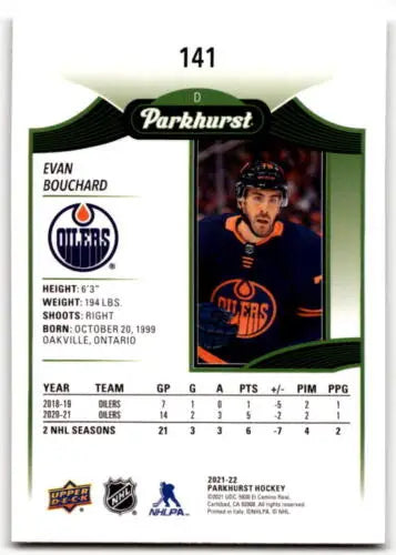 Evan Bouchard hockey card from Upper Deck Parkhurst with original gloss NM-MT Oilers ID 42955