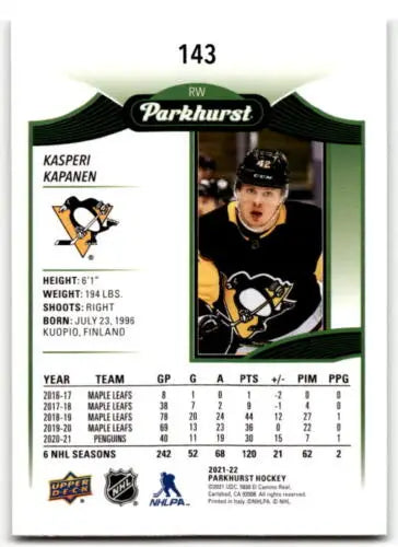 Hockey trading card of Kasperi Kapanen #43 from Upper Deck Parkhurst series