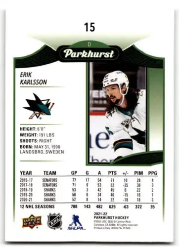 Hockey trading card of Erik Karlsson, Upper Deck Parkhurst original gloss, Sharks stats