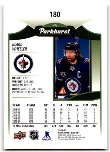 Blake Wheeler hockey card from 2021-22 Upper Deck Parkhurst featuring original gloss