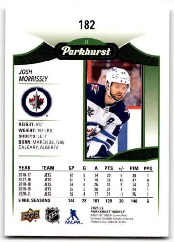 Hockey card featuring player stats for Upper Deck Parkhurst Josh Morrissey Winnipeg Jets