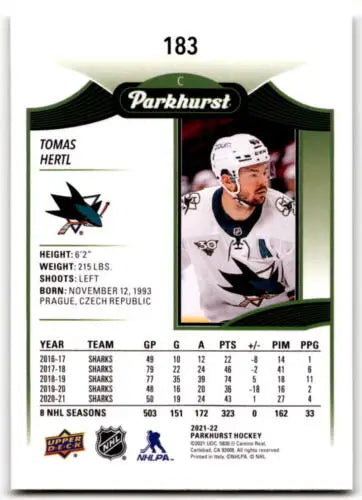 Tomas Hertl hockey card 2021-22 Upper Deck Parkhurst #183 with original gloss quality