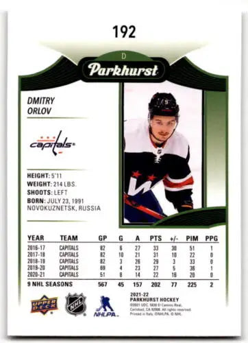 Dmitry Orlov hockey card from 2021-22 Upper Deck Parkhurst with original gloss finish