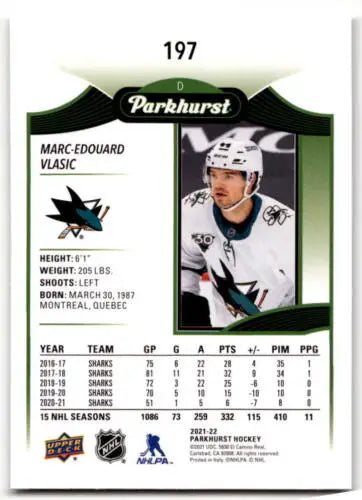 Hockey card back of 2021-22 Upper Deck Parkhurst #197 Marc-Edouard Vlasic in NM-MT condition