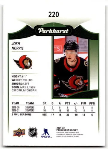 Josh Norris 2021-22 Upper Deck Parkhurst hockey card in NM-MT condition, Senators