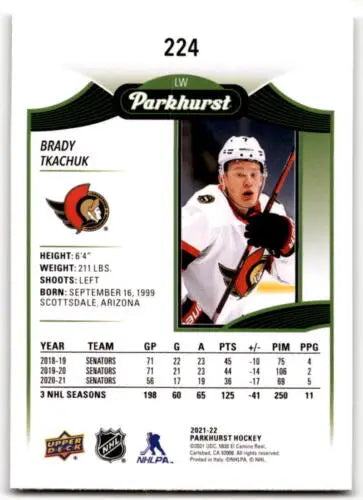 Hockey card featuring Brady Tkachuk stats from Upper Deck Parkhurst original gloss