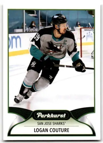 Hockey trading card of Logan Couture in teal and black uniform from Upper Deck Parkhurst